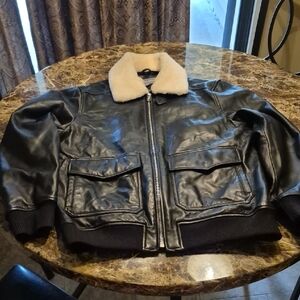 Michael Kors Black Leather Bomber Jacket with Cream Collar